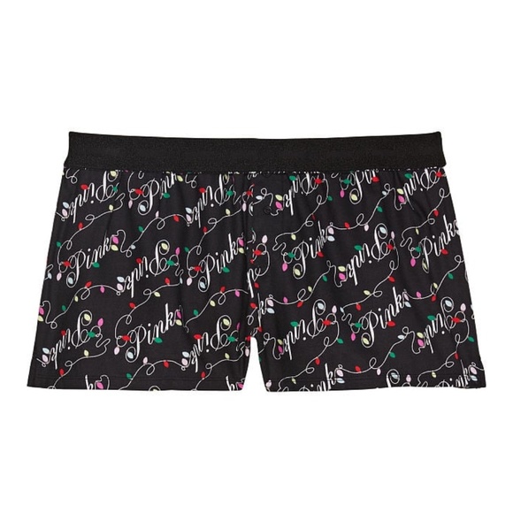 Victoria's Secret PINK Flannel Boxy Pajama Shorts Black Holiday Logo Lights S - Picture 4 of 5